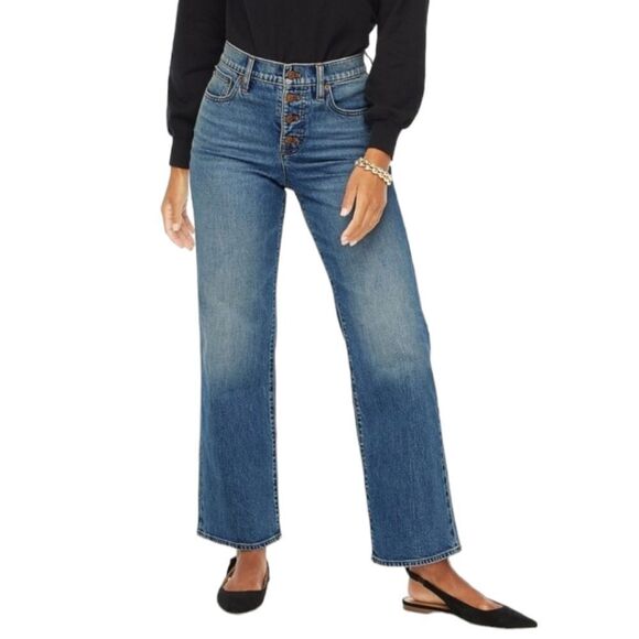 J.Crew Wide Leg High Rise Exposed Button Fly Jean Med Wash Sz 32 All Day Stretch - Picture 4 of 16